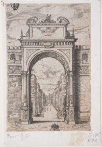 Arco trionfale con la statua di Mosè (da Descrittione degli apparati fatti in Bologna per la venuta di n. s. papa Clemente VIII, Bologna, Benacci, 1598)